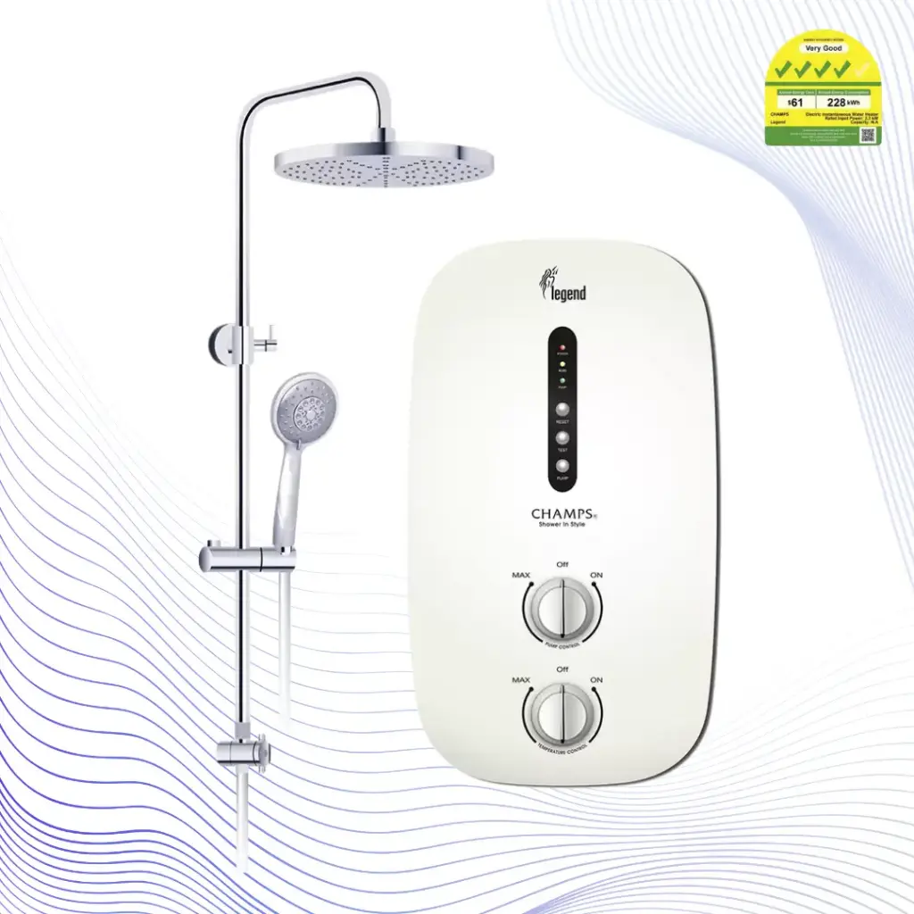 CHAMPS Legend Instant Water Heater With Rain Shower Set (White/ Black) - Variant Main Image
