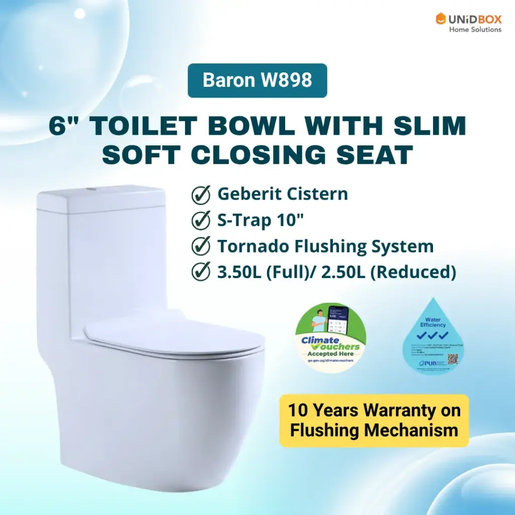 BARON W898 6-Inch S-Trap One-Piece Toilet Bowl | Rimless Tornado Flush | 3-Tick WELS - Variant Main Image