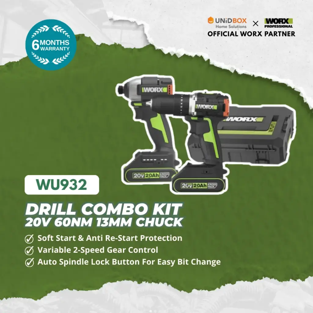 WORX WU932 2×20V MAX Brushless Hammer Drill + Drill Driver Combo Kit (60Nm, 13mm Chuck)