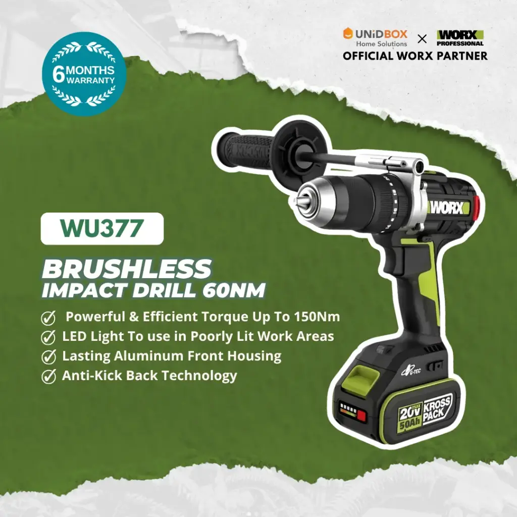 WORX WU377 20V Brushless Impact Drill 13mm (60Nm, High Torque)