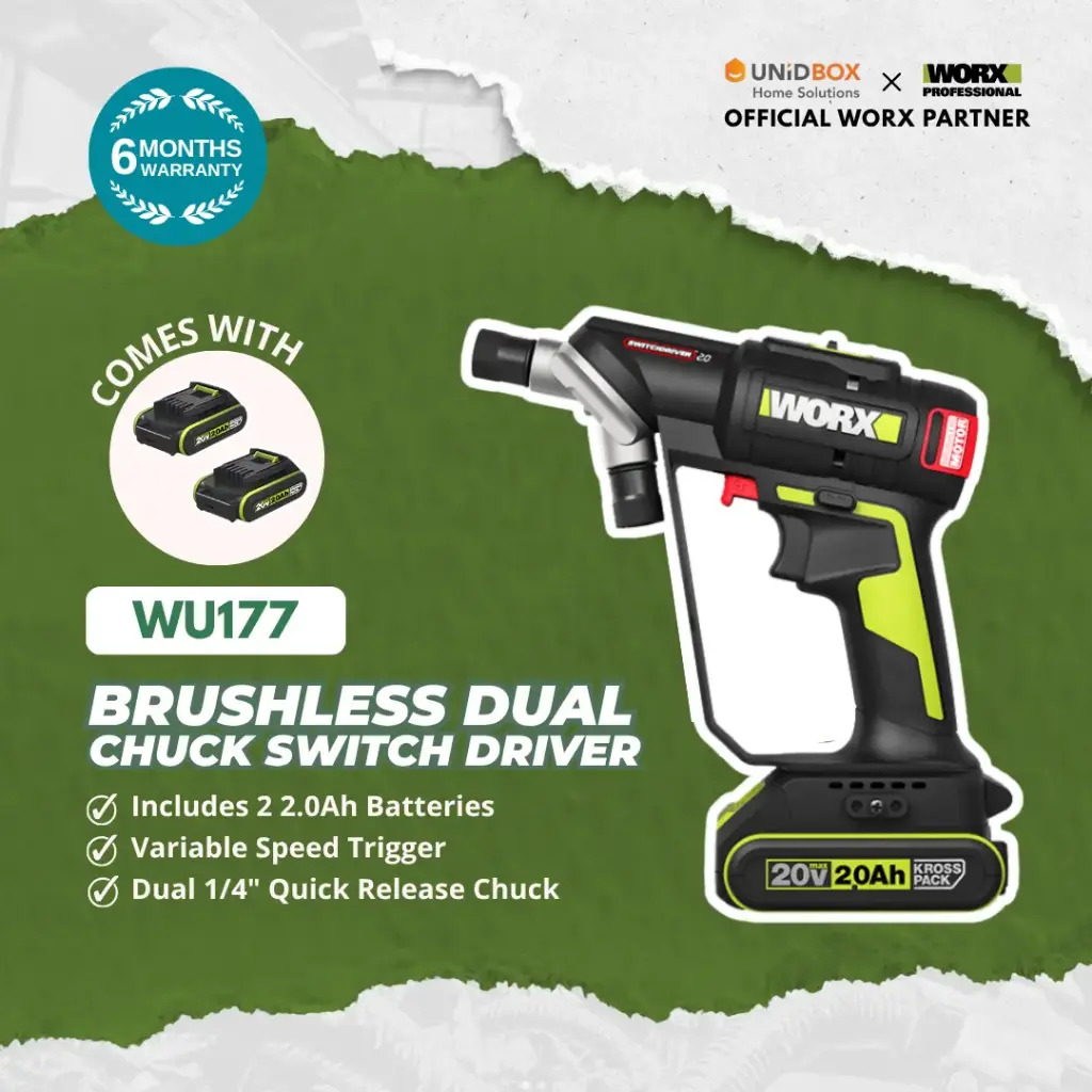 WORX WU177 20V Brushless Dual Chuck Switch Driver (2×2.0Ah Batteries, 6.35mm)