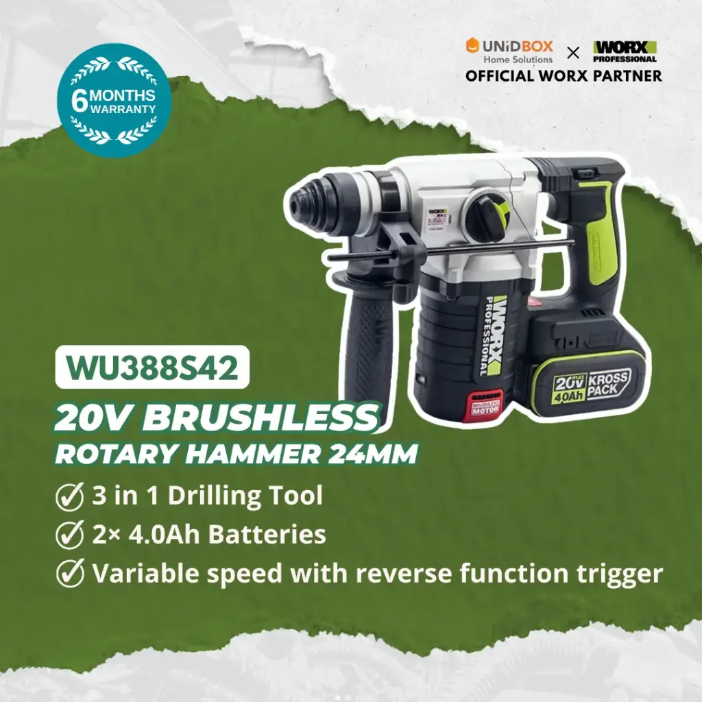 WORX WU388S42 20V Brushless Rotary Hammer 24mm (2×4.0Ah Batteries, 3kg)