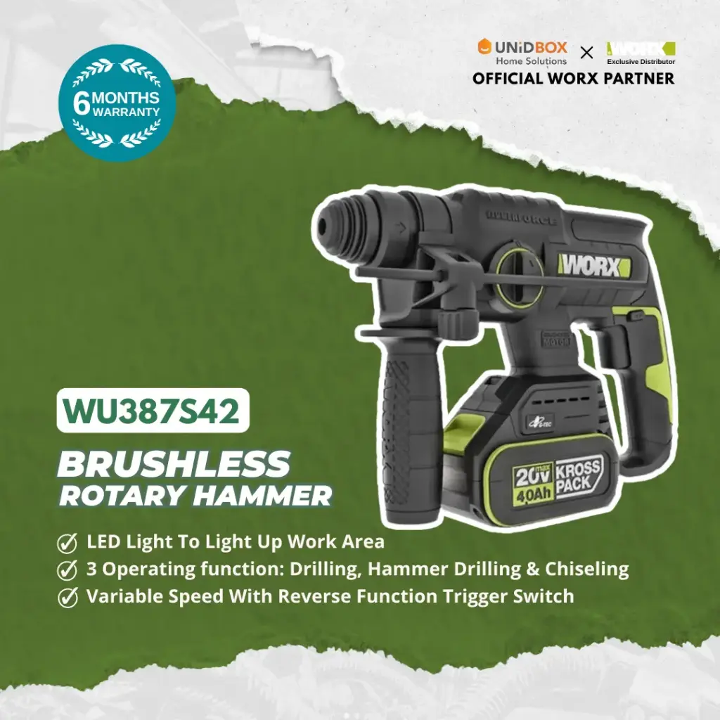 WORX WU387S42 20V Brushless Rotary Hammer 22mm (2×4.0Ah Batteries, 2kg)