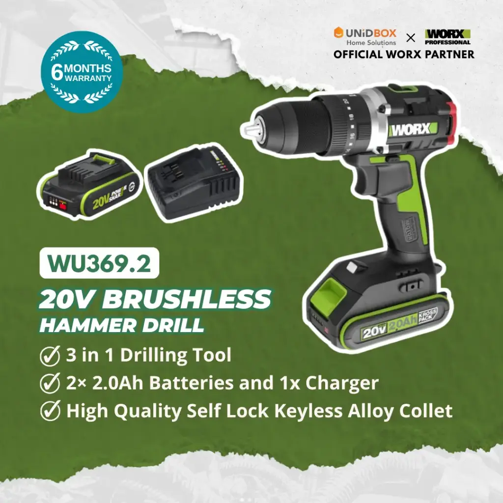 WORX WU369.2 20V Brushless Hammer Drill 13mm (2×2.0Ah Batteries, 60Nm)