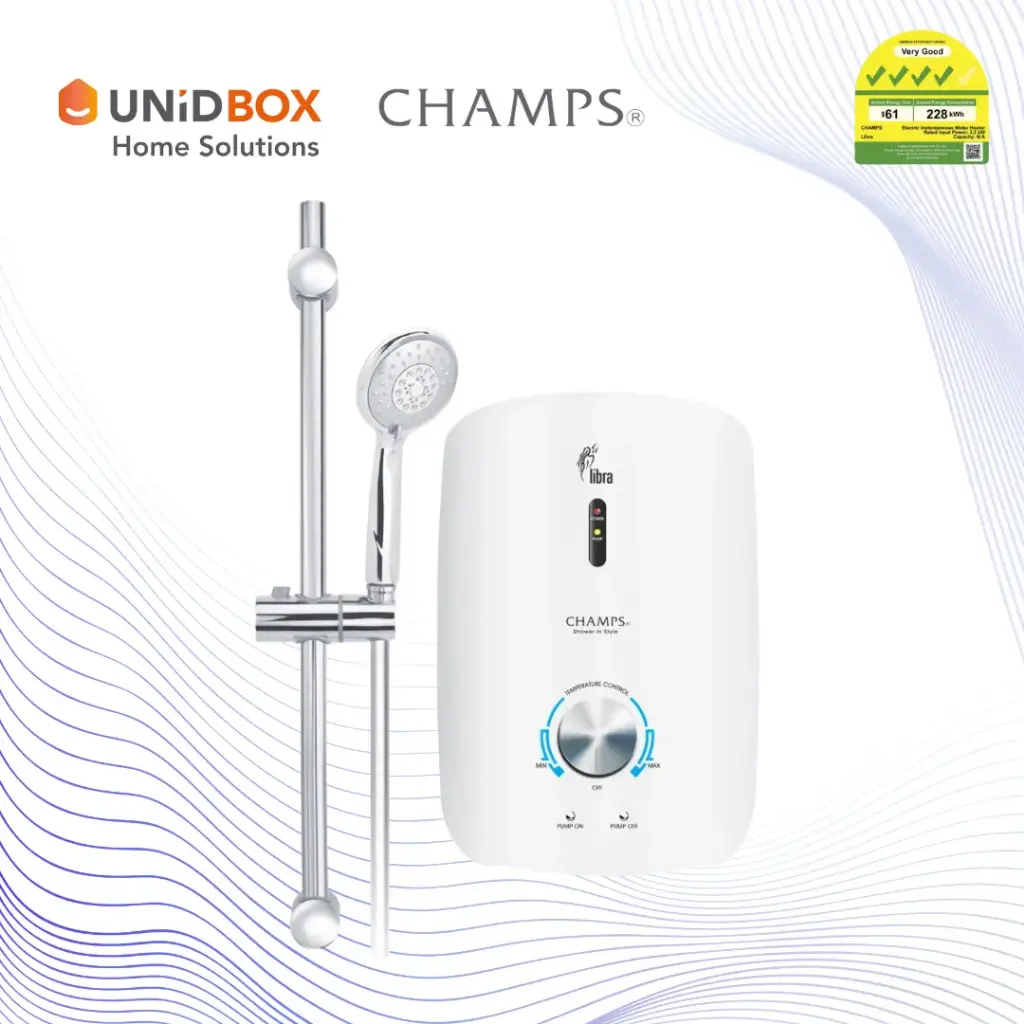 CHAMPS Libra White Instant Water Heater with DC Booster Pump & 5-Way Shower Set
