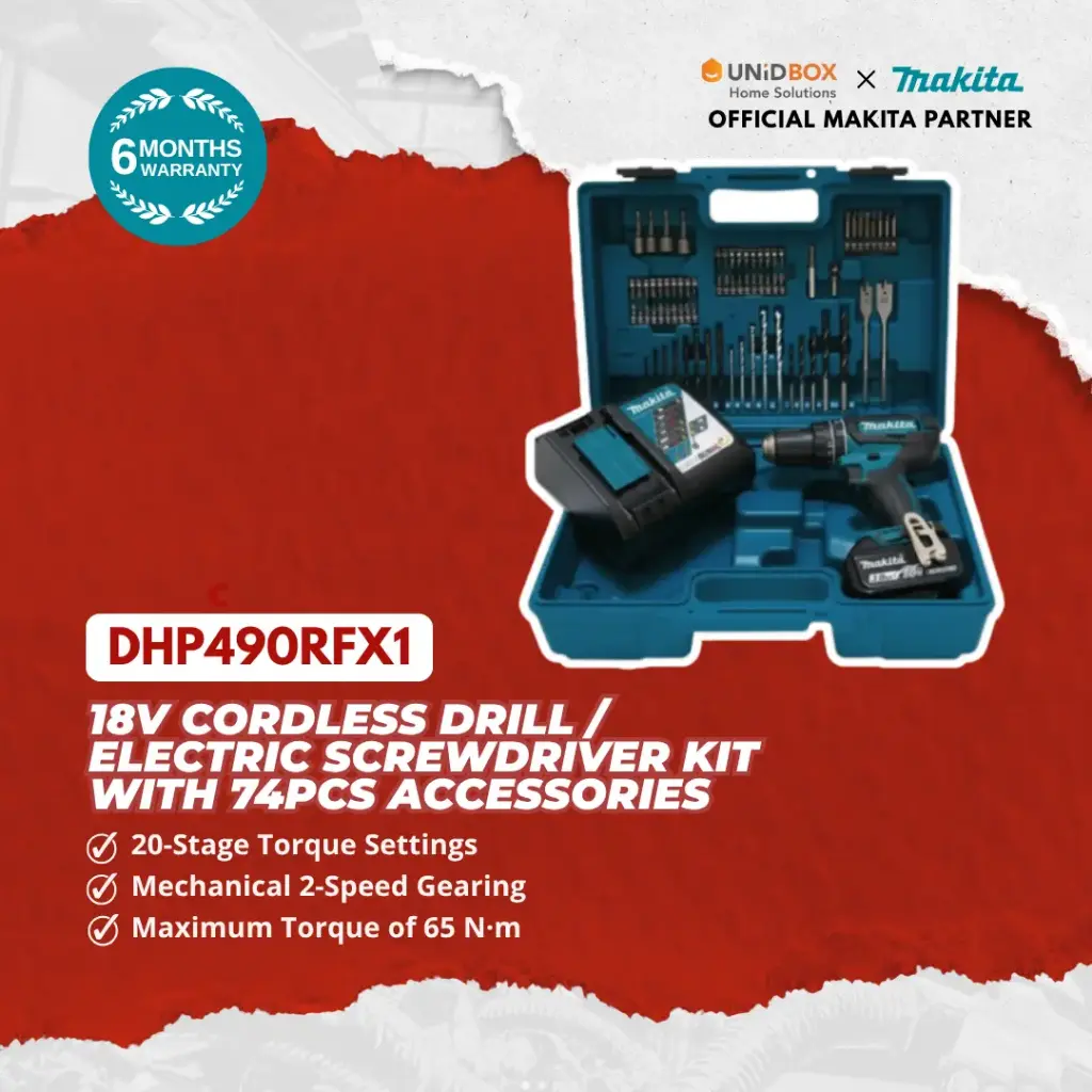 Makita DHP490RFX1 18V Cordless Hammer Drill Kit | 65Nm Torque | 74-Piece Accessories