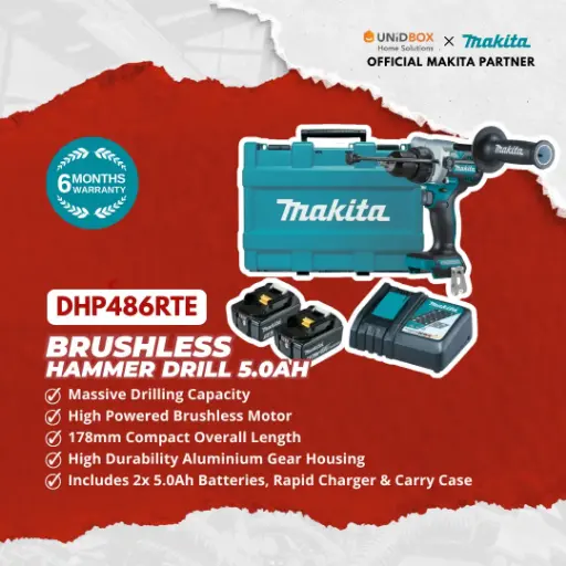 [08-12-00161] MAKITA DHP486RTE 18V Brushless Hammer Driver Drill (5.0Ah)