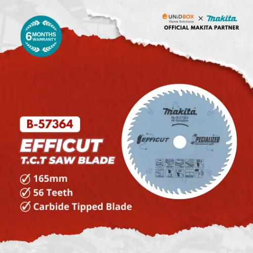[09-15-00142] MAKITA EFFICUT T.C.T Saw Blade 165mm × 56T (Wood & Laminate) B-57364