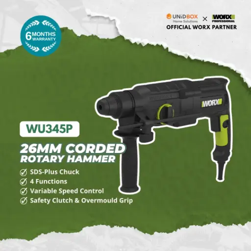 [08-04-00096] WORX WU345P 26mm Corded 4F Rotary Hammer (800W, 3‑Mode SDS Plus)