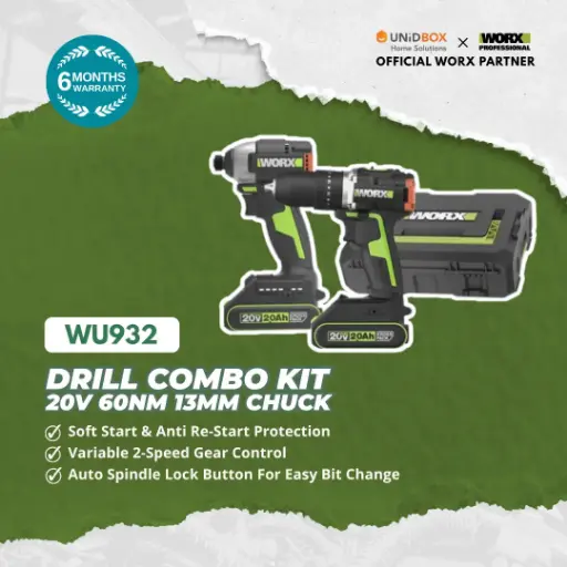 [08-11-00017] WORX WU932 2×20V MAX Brushless Hammer Drill + Drill Driver Combo Kit (60Nm, 13mm Chuck)