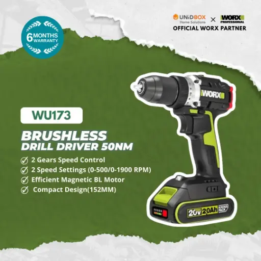 [08-12-00009] WORX WU173 20V Brushless Drill Driver 10mm (50Nm, Compact)