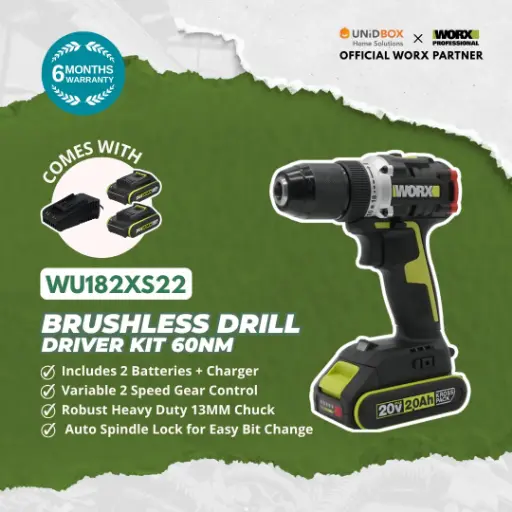 [08-12-00010] WORX WU182X 20V MAX Brushless Drill Driver Kit (2 Batteries + Charger, 60Nm, 13mm)