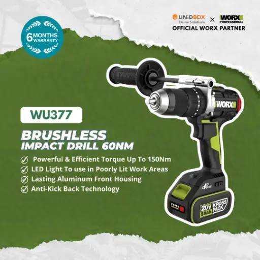 [08-12-00011] WORX WU377 20V Brushless Impact Drill 13mm (60Nm, High Torque)