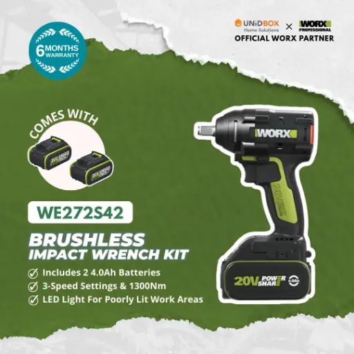 [08-12-00013] WORX WE272S42 20V Brushless Impact Wrench Kit (2×4.0Ah Batteries, 1300Nm)
