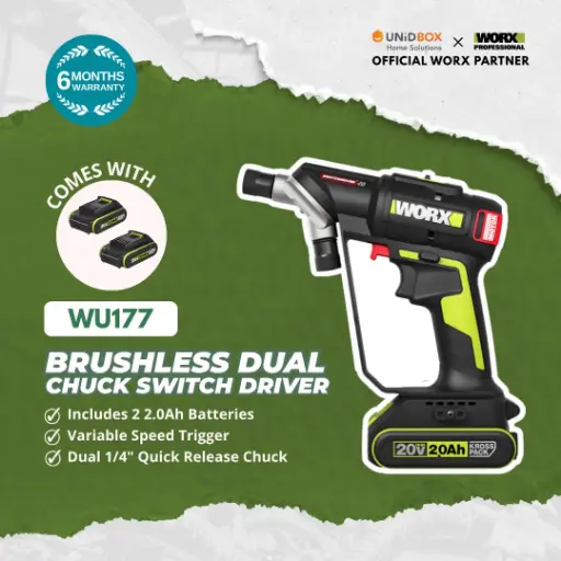 [08-12-00015] WORX WU177 20V Brushless Dual Chuck Switch Driver (2×2.0Ah Batteries, 6.35mm)