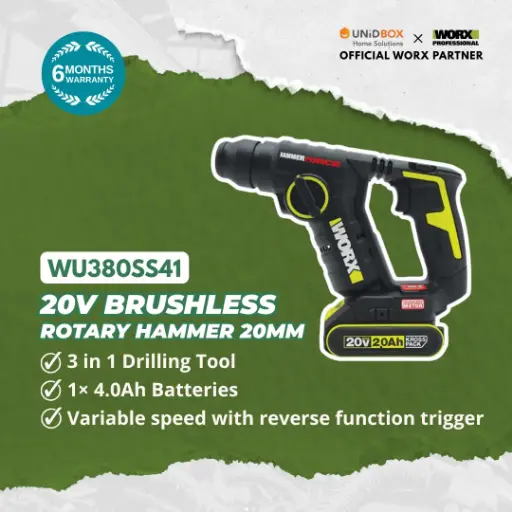 [08-12-00016] WORX WU380SS41 20V Brushless Rotary Hammer 20mm (1×4.0Ah Battery, 1.5kg)