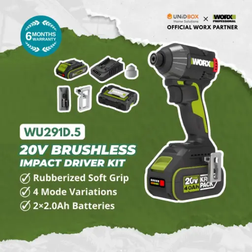 [08-12-00020] WORX WU291D.5 20V Brushless Impact Driver Kit (2×2.0Ah Batteries, 230Nm)
