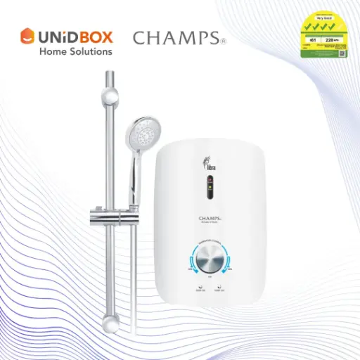 [02-01-00038] CHAMPS Libra White Instant Water Heater with DC Booster Pump & 5-Way Shower Set