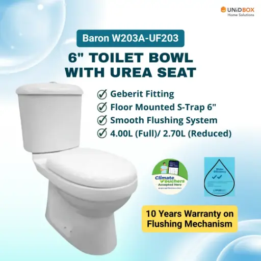 [07-13-00010] BARON W203A-UF203 6-Inch S-Trap Two-Piece Toilet Bowl | Urea Soft-Close Seat